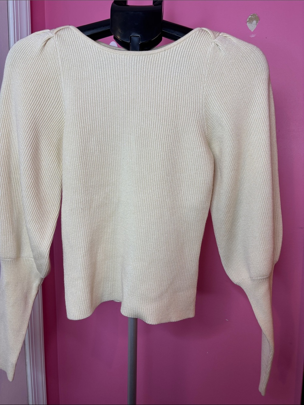 French Connection XS Ivory Ribbed Puff Sleeve Sweater Top